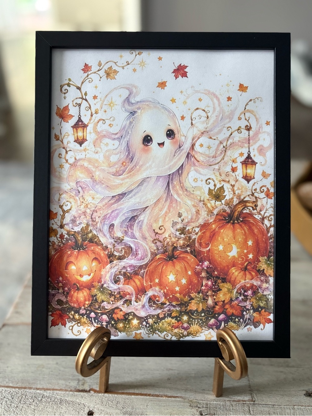 Whimsical Framed Ghost & Pumpkin Autumn 8x10 Art Print